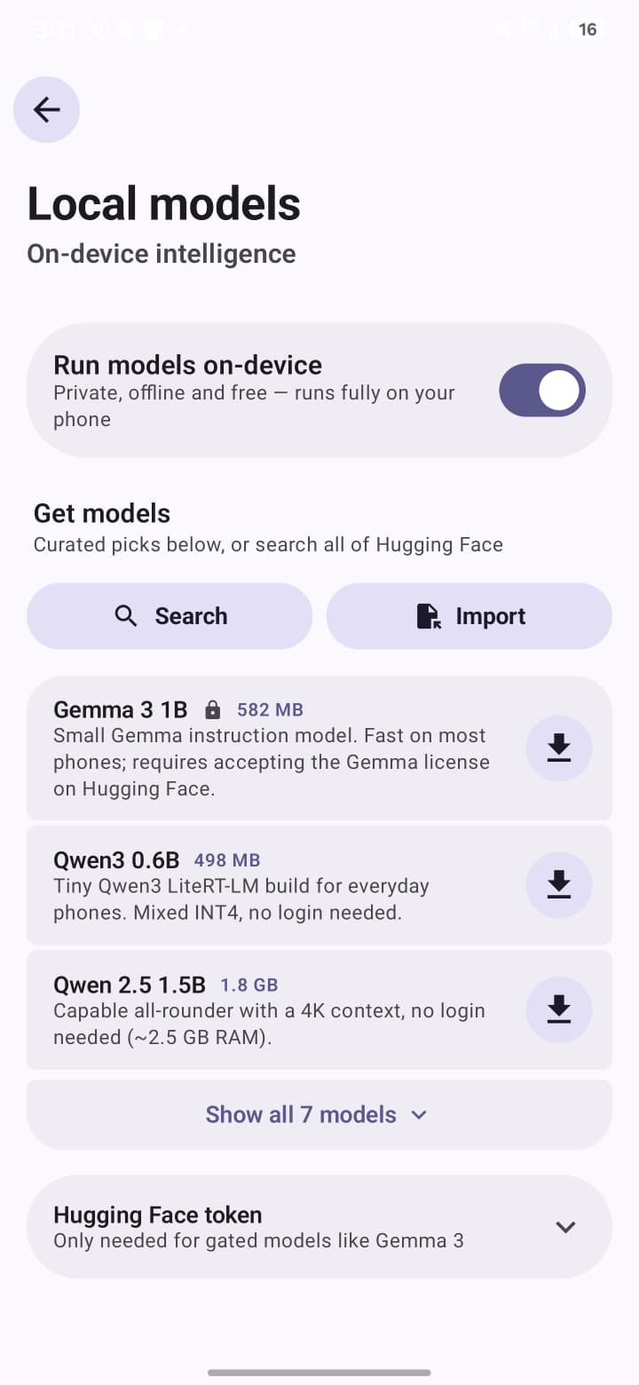 EchoFlow local on-device models screen on Android