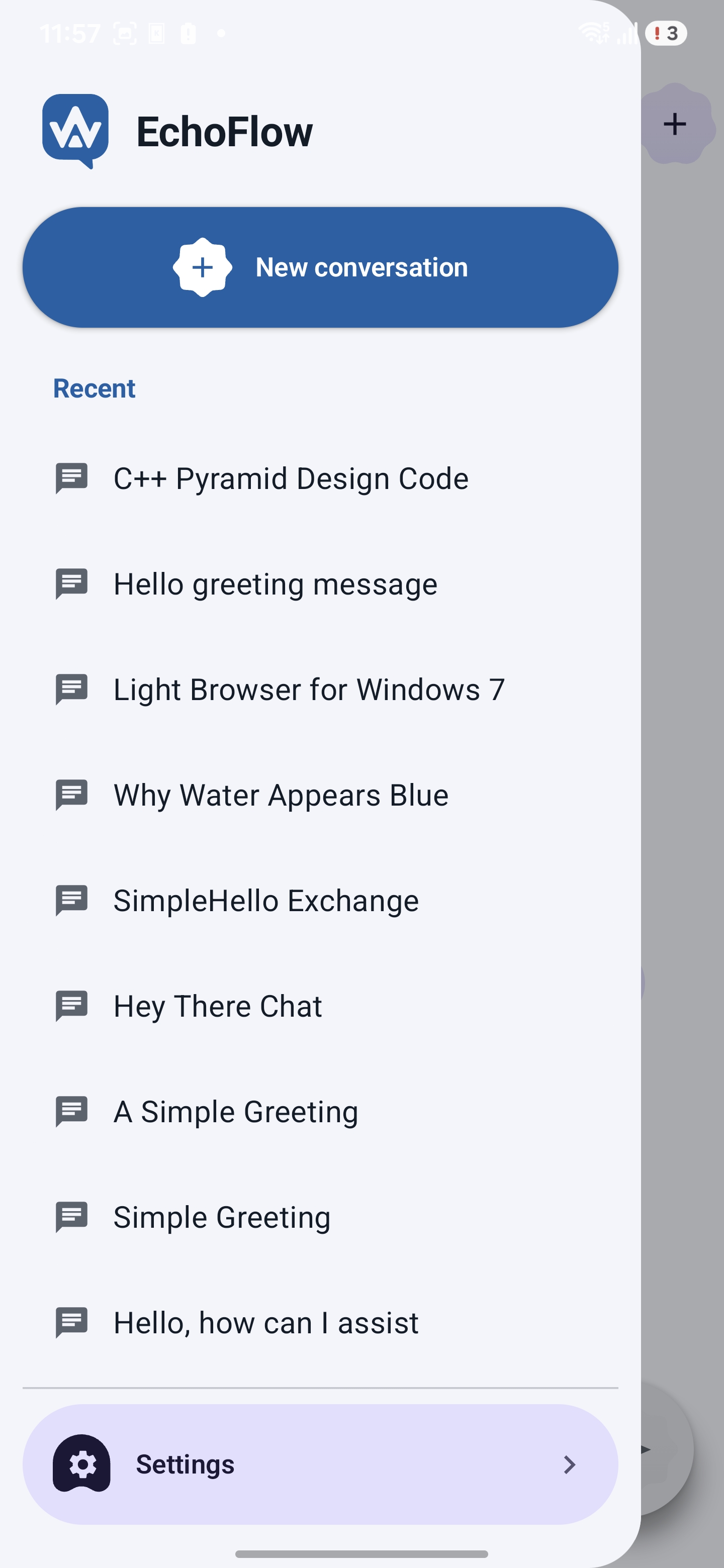 EchoFlow local chat history sidebar on Android
