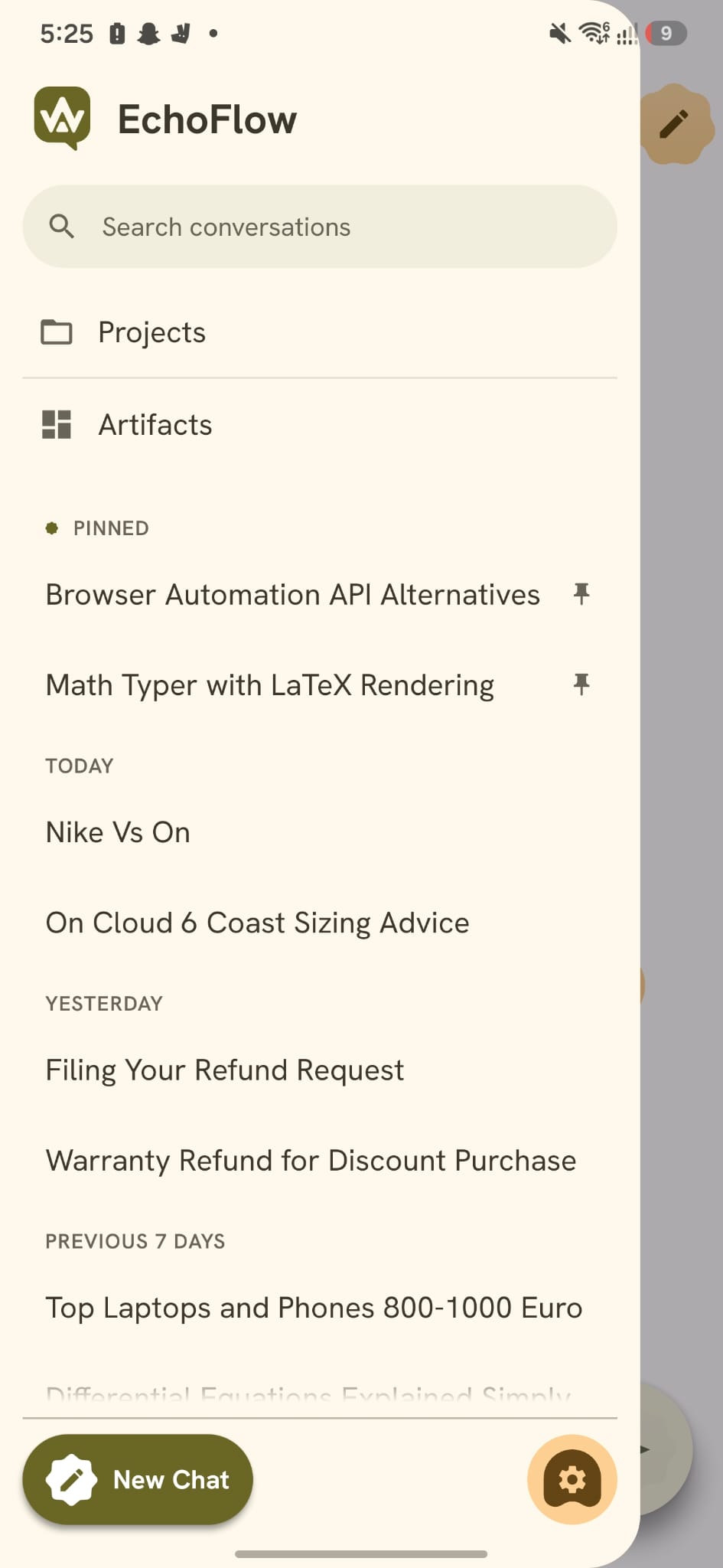 EchoFlow navigation drawer with Projects, Artifacts and pinned conversations